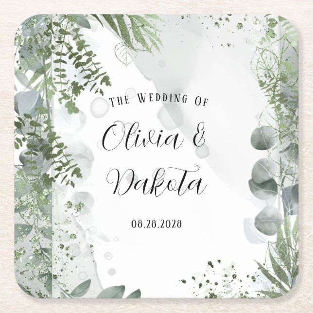Elegant Eucalyptus Greenery Alcohol Ink Wedding Square Paper Coaster (Front)