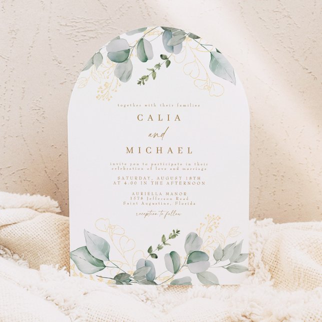 Elegant Eucalyptus Greenery and Gold Wedding Arch Invitation (Creator Uploaded)