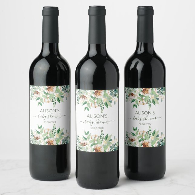 Elegant Eucalyptus Greenery Baby Shower  Wine Label (Bottles)