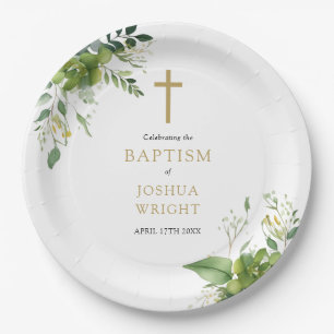 Elegant Eucalyptus Greenery Baptism Christening Paper Plate