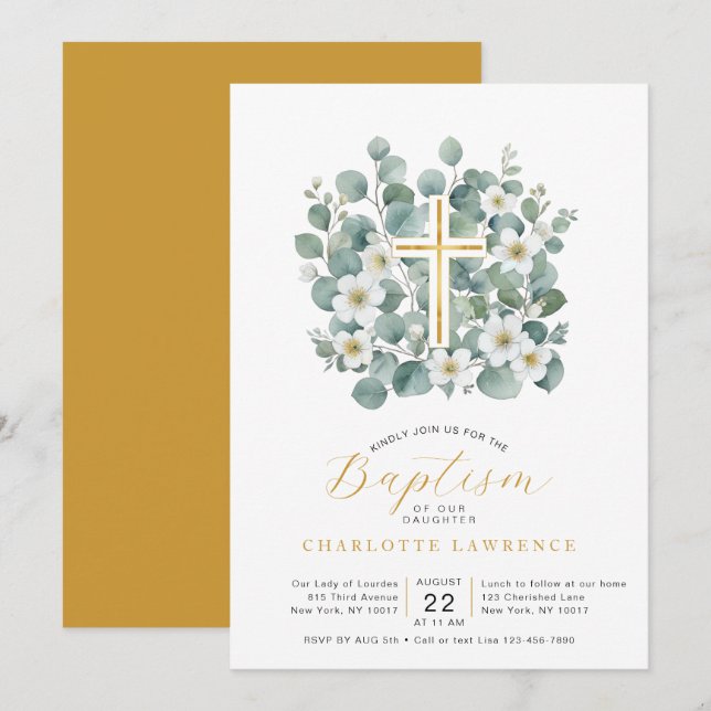Elegant Eucalyptus Greenery Baptism Cross Invitation (Front/Back)