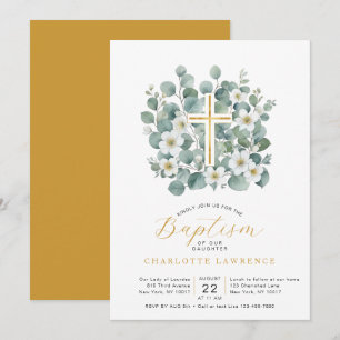 Elegant Eucalyptus Greenery Baptism Cross Invitation
