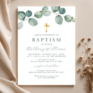 Elegant Eucalyptus Greenery Baptism Invitation 