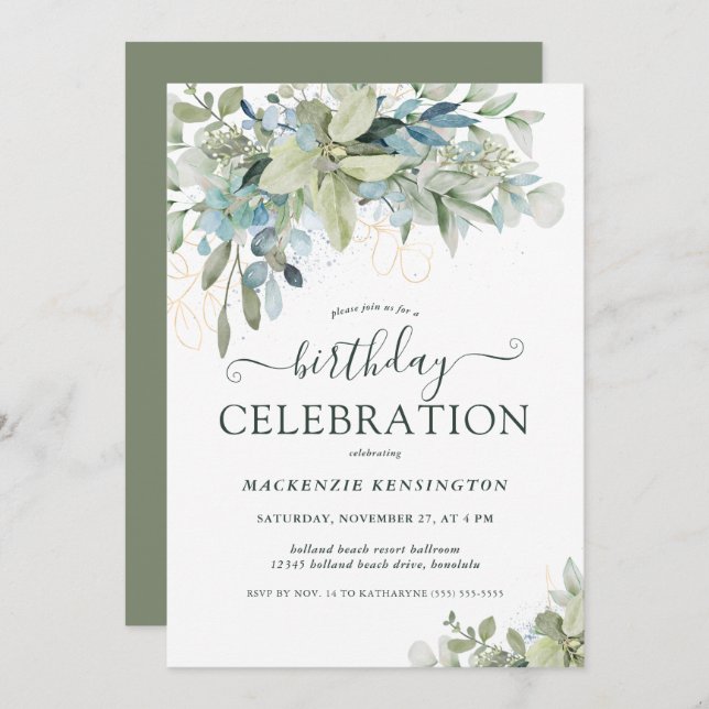 Elegant Eucalyptus Greenery Birthday Celebration  Invitation (Front/Back)