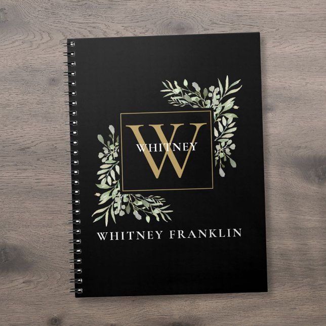 Elegant Eucalyptus Greenery Black Gold Monogram  Notebook (Elegant Eucalyptus Greenery Black Gold Monogram Notebook)