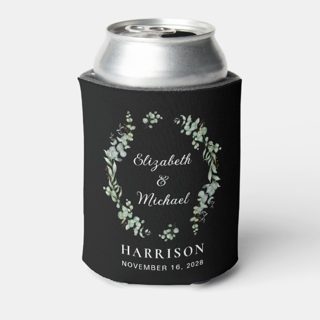 Elegant Eucalyptus Greenery Black Wedding Favour Can Cooler (Can Back)