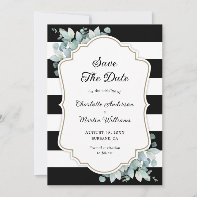 Elegant Eucalyptus Greenery Black White Wedding Save The Date (Front)
