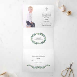 Elegant Eucalyptus Greenery Boy Photo Baptism Tri-Fold Invitation