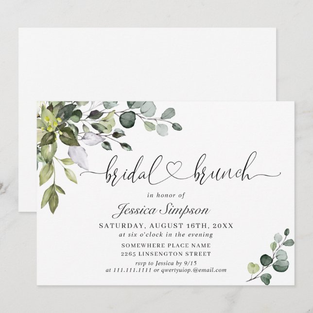 Elegant Eucalyptus Greenery Bridal Brunch Invitation (Front/Back)