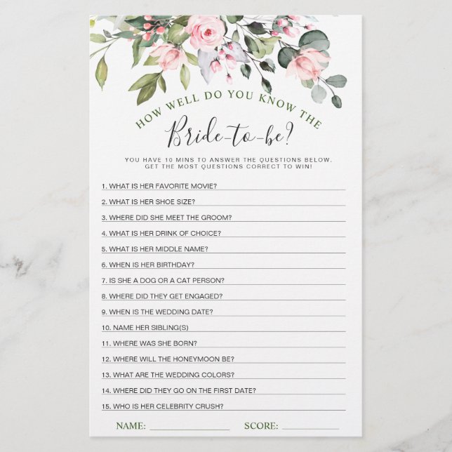 Elegant Eucalyptus Greenery Bridal Shower Game (Front)