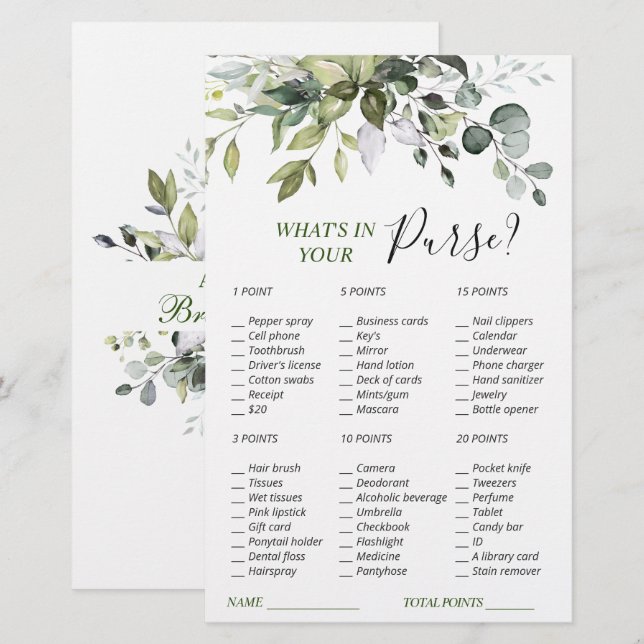 Elegant Eucalyptus Greenery Bridal Shower Game (Front/Back)