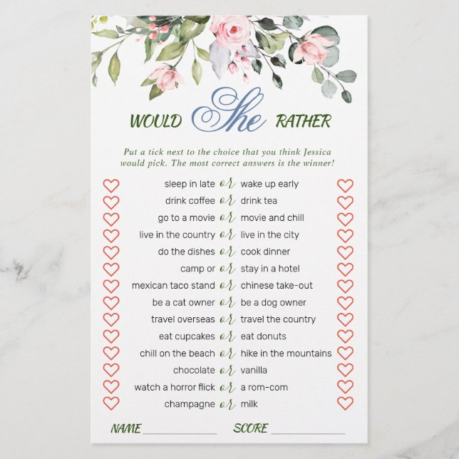 Elegant Eucalyptus Greenery Bridal Shower Game (Front)
