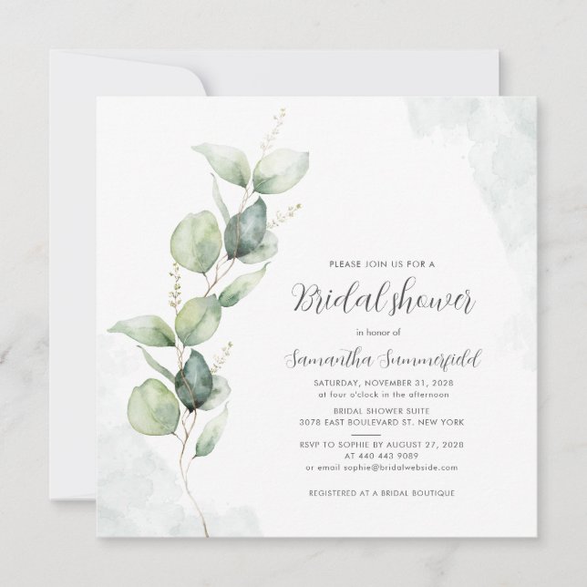 Elegant Eucalyptus Greenery  Bridal Shower Invites (Front)