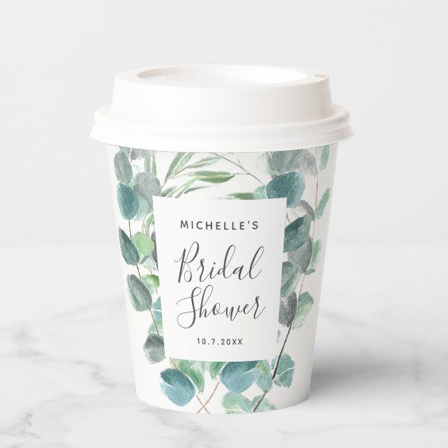 Elegant Eucalyptus Greenery Bridal Shower Name Paper Cups (Front)