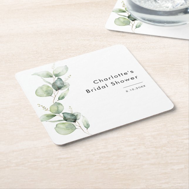 Elegant Eucalyptus Greenery Bridal Shower Square Paper Coaster (Angled)
