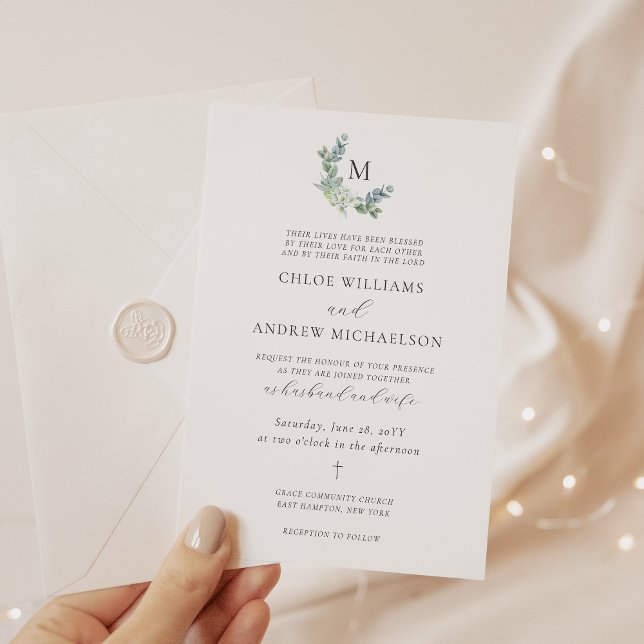 Elegant Eucalyptus Greenery Christian Wedding Invitation (Christian wedding invitation with monogram and greenery)