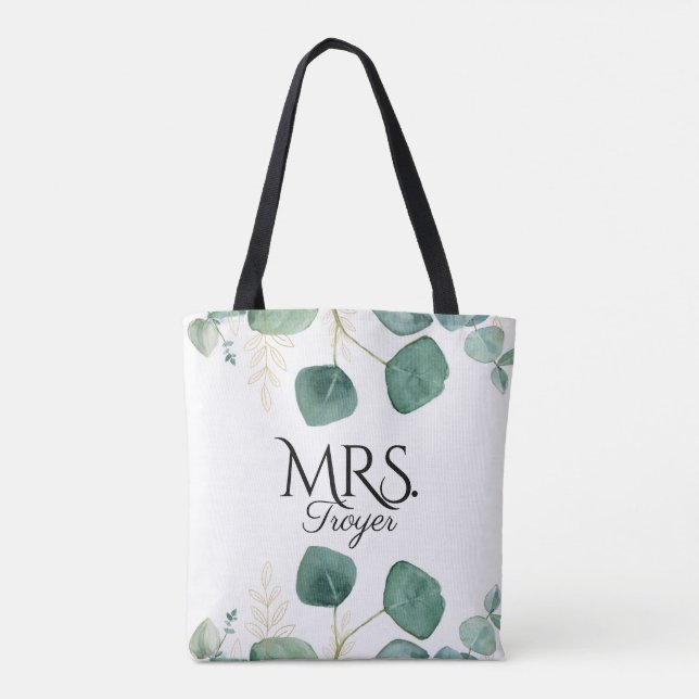 Elegant Eucalyptus Greenery Custom Name Bride Tote Bag (Back)