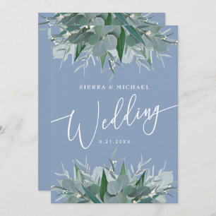Elegant Eucalyptus Greenery Dusty Blue Wedding Invitation
