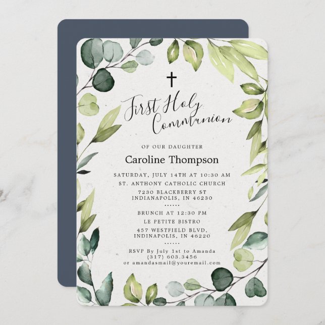 Elegant Eucalyptus Greenery First Holy Communion Invitation (Front/Back)