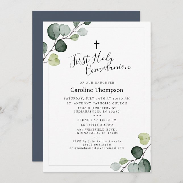Elegant Eucalyptus Greenery First Holy Communion Invitation (Front/Back)