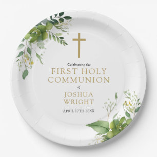 Elegant Eucalyptus Greenery First Holy Communion Paper Plate
