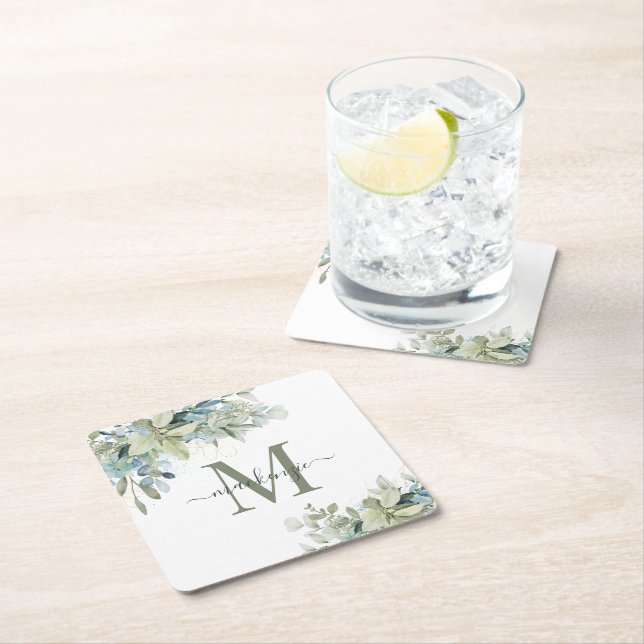 Elegant Eucalyptus Greenery Floral Monogram Square Paper Coaster (Insitu)