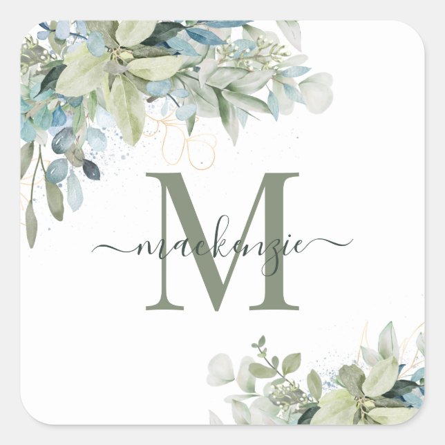 Elegant Eucalyptus Greenery Floral Monogram Square Sticker (Front)