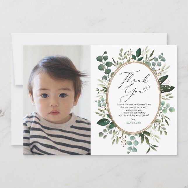 Elegant Eucalyptus Greenery Garden 1st Birthday Thank You Card (Front)