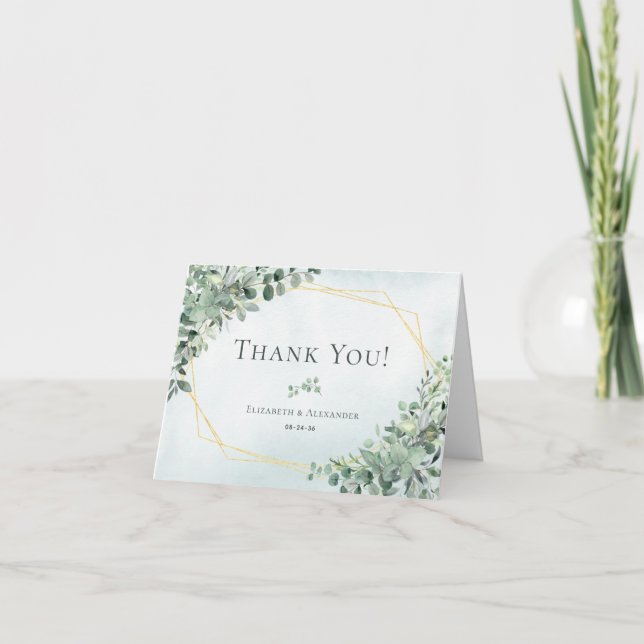 Elegant Eucalyptus Greenery Geometric Wedding Thank You Card (Front)
