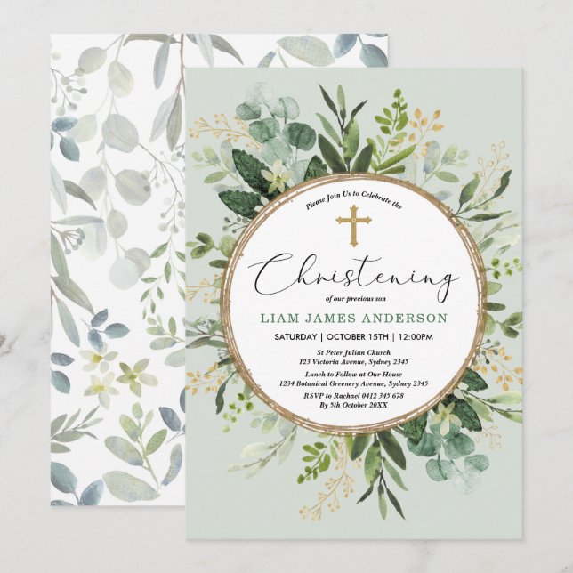 Elegant Eucalyptus Greenery Gold Christening Invitation (Front/Back)