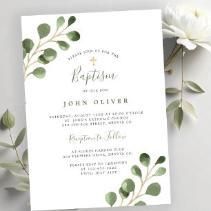 Elegant eucalyptus greenery gold cross Baptism Invitation