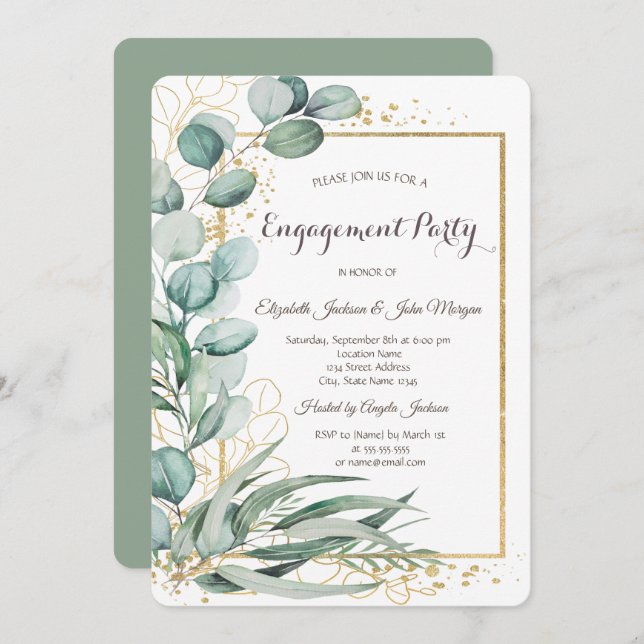Elegant Eucalyptus Greenery Gold Frame Engagement  Invitation (Front/Back)