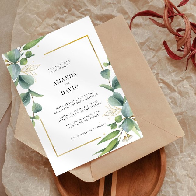 Elegant Eucalyptus Greenery Gold Frame Wedding Invitation (Creator Uploaded)