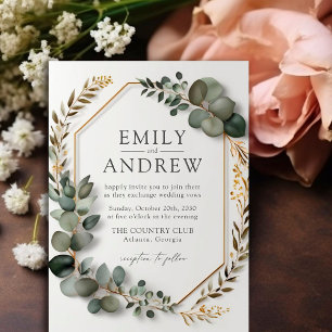 Elegant Eucalyptus Greenery Gold Frame Wedding Invitation