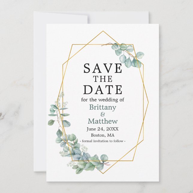 Elegant Eucalyptus Greenery Gold Geo Frame Save The Date (Front)