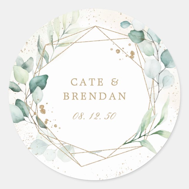 Elegant Eucalyptus Greenery Gold Geometric Wedding Classic Round Sticker (Front)