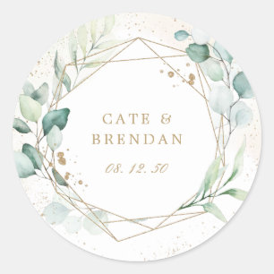 Elegant Eucalyptus Greenery Gold Geometric Wedding Classic Round Sticker