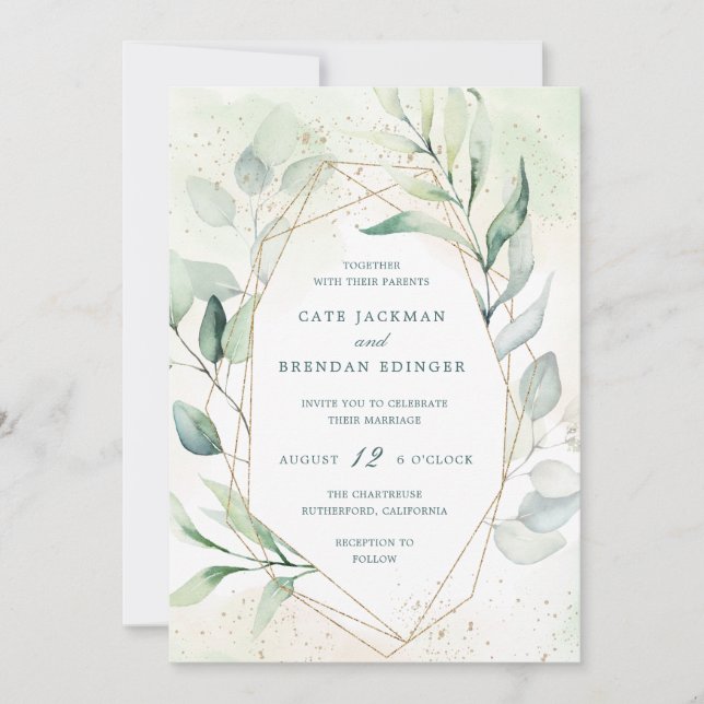 Elegant Eucalyptus Greenery Gold Geometric Wedding Invitation (Front)
