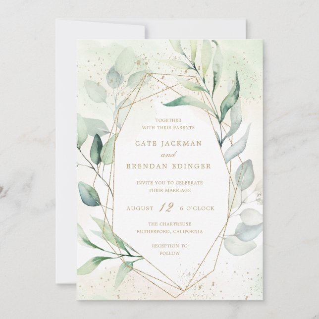 Elegant Eucalyptus Greenery Gold Geometric Wedding Invitation (Front)