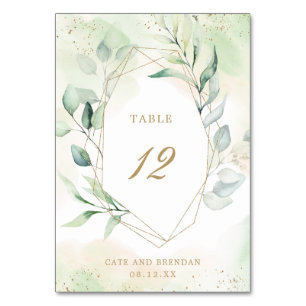 Elegant Eucalyptus Greenery Gold Geometric Wedding Table Number