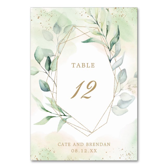 Elegant Eucalyptus Greenery Gold Geometric Wedding Table Number (Front)