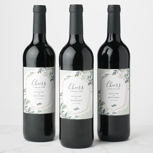 Elegant Eucalyptus Greenery Gold Geometric Wedding Wine Label (Bottles)