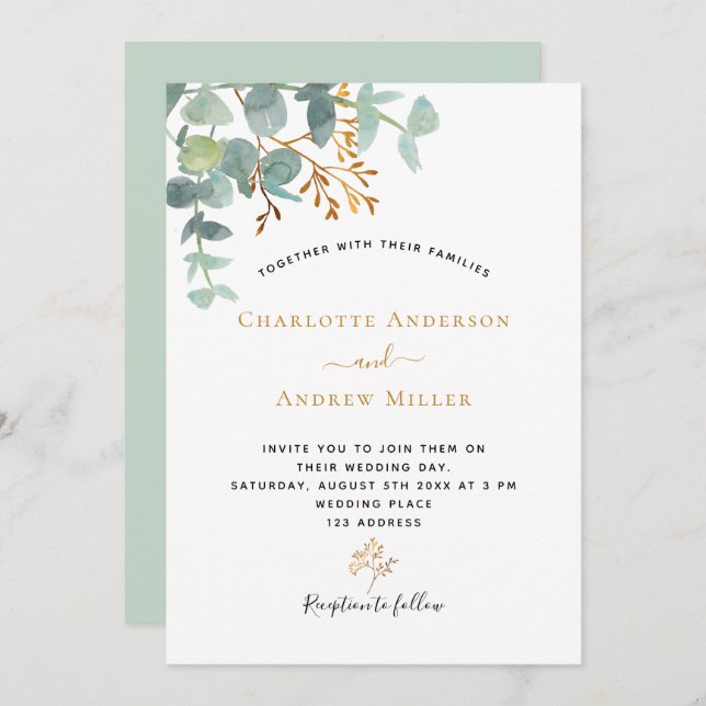 Elegant eucalyptus greenery gold modern wedding invitation (Front/Back)