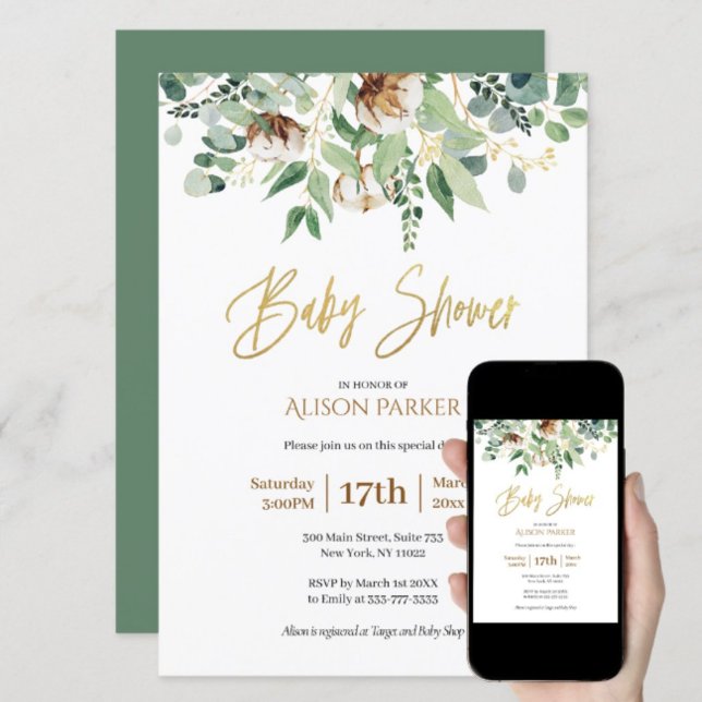 Elegant Eucalyptus Greenery Gold Typography Baby Invitation (Creator Uploaded)
