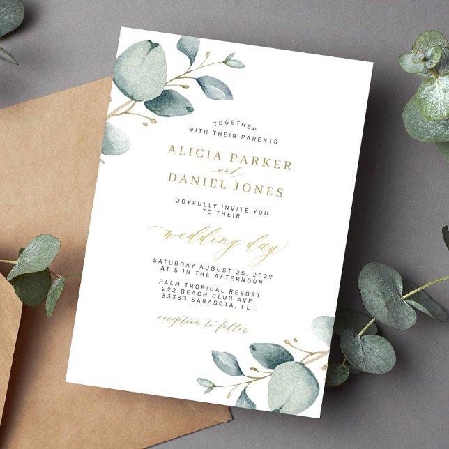 Elegant eucalyptus greenery gold wedding invitation (Creator Uploaded)