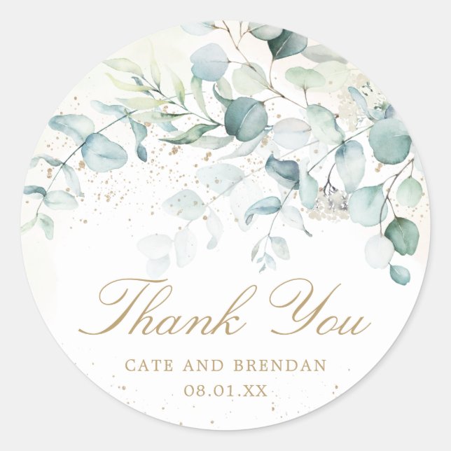 Elegant Eucalyptus Greenery Gold Wedding Thank You Classic Round Sticker (Front)