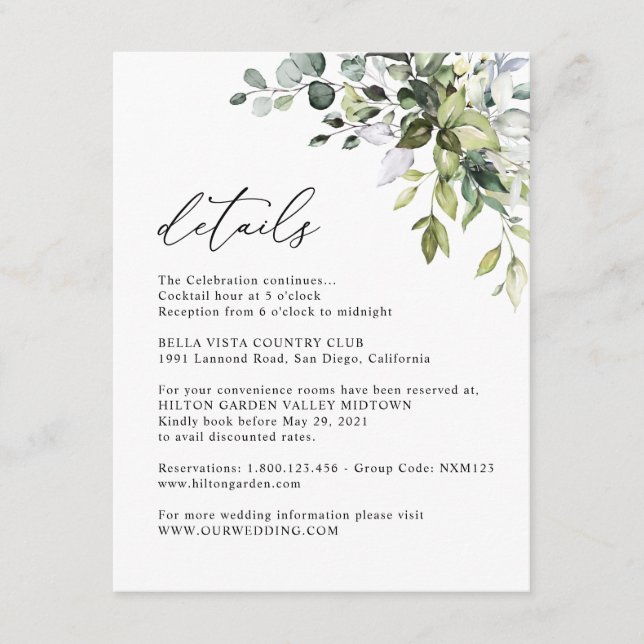 Elegant Eucalyptus Greenery Information Details Enclosure Card (Front)