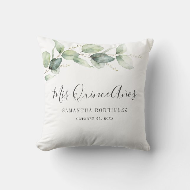 Elegant Eucalyptus Greenery Leaves Mis Quince Anos Cushion (Front)
