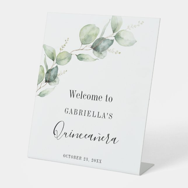 Elegant Eucalyptus Greenery Leaves Mis Quince Anos Pedestal Sign (Front)