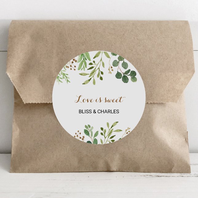Elegant Eucalyptus Greenery Love is Sweet Wedding Classic Round Sticker (Creator Uploaded)